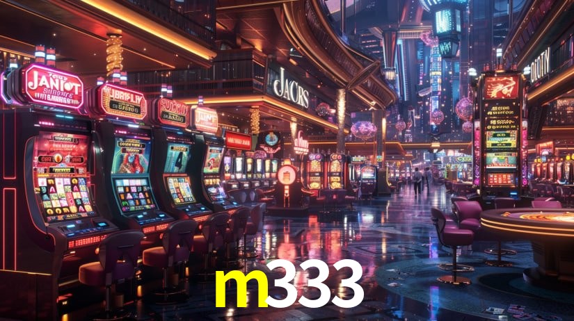 Una escena digital vívida inspirada en casino con m333 mostrado prominentemente, luces brillantes, fichas, cartas y acentos dorados.
