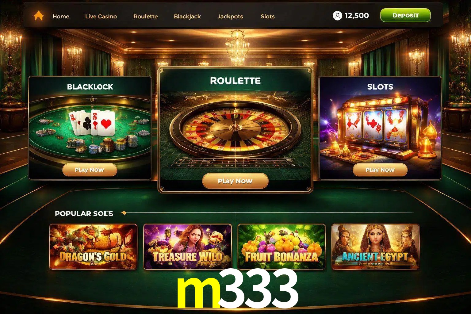 Vista de la plataforma m333 Casino mostrando categorías organizadas de juegos en línea