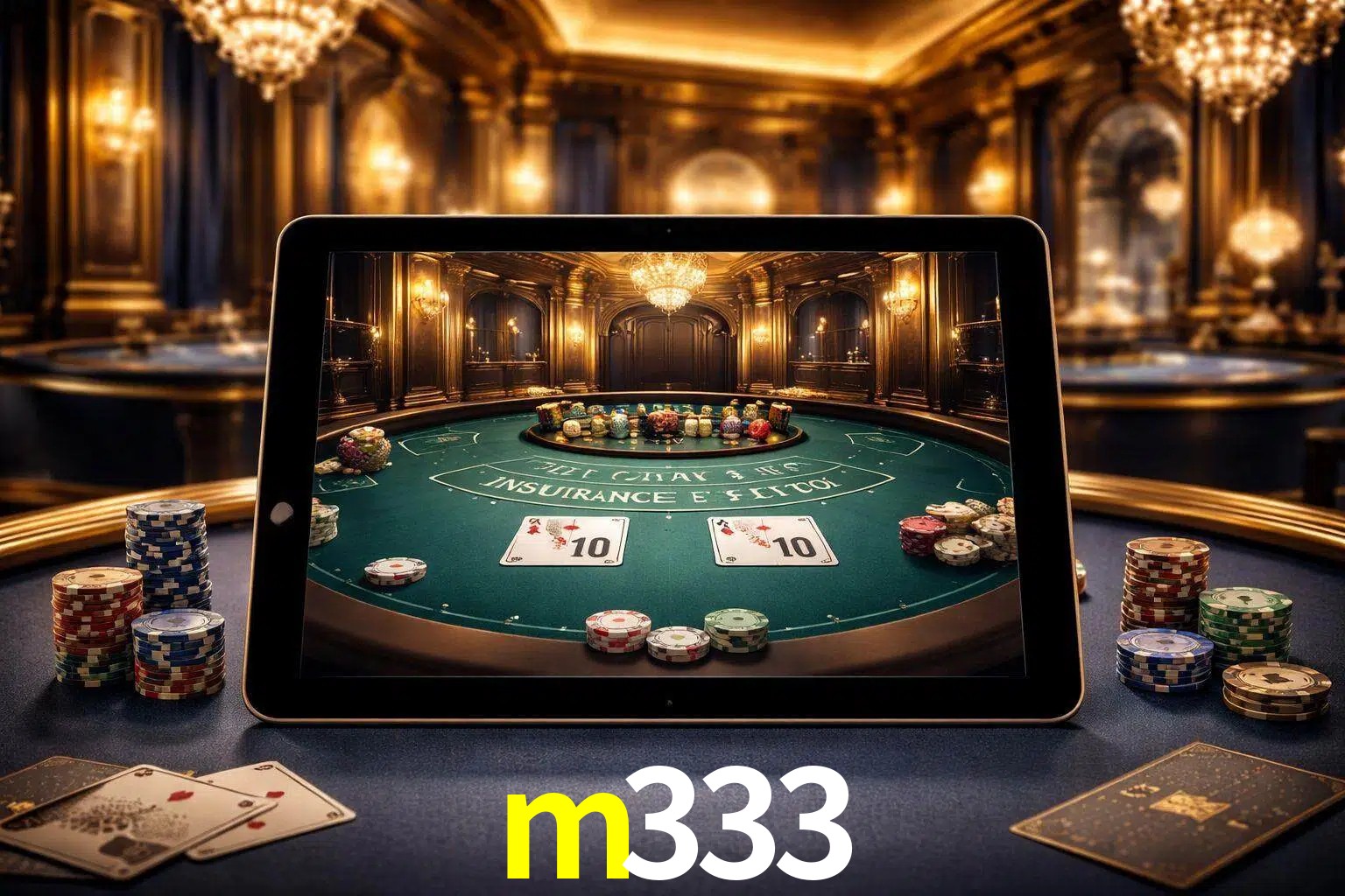 Configuración moderna de casino en vivo con una tableta mostrando una mesa de blackjack, luces cálidas de estudio y una atmósfera elegante de juegos digitales.
