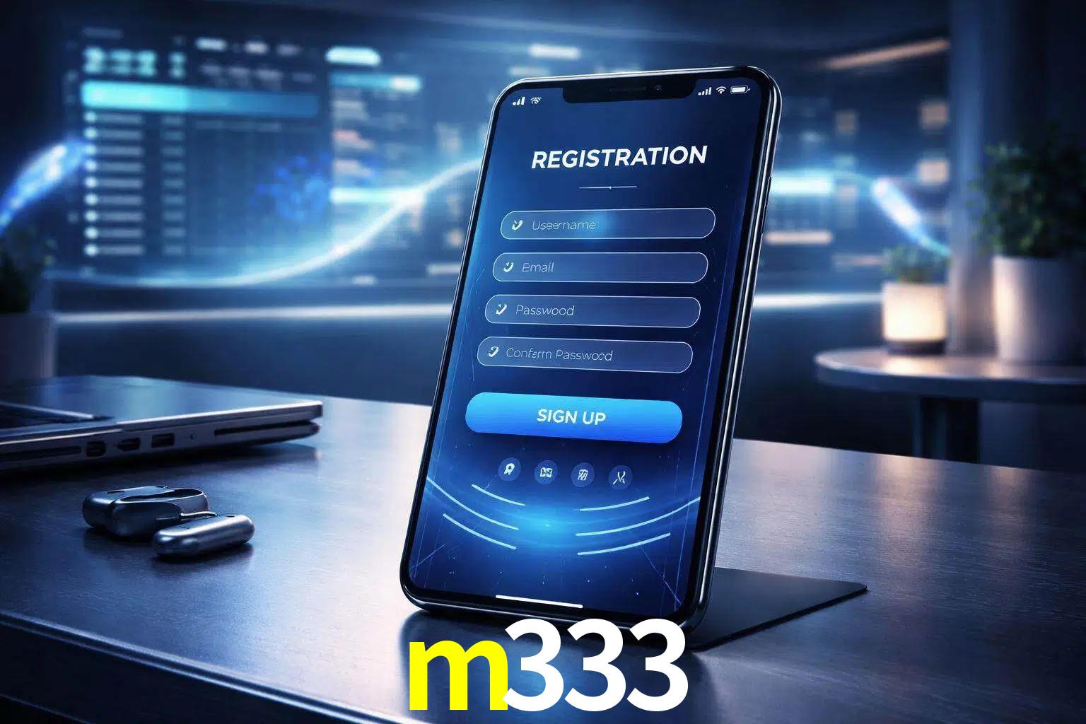 Una interfaz moderna de registro móvil para m333 mostrada en un smartphone con un panel de apuestas elegante.